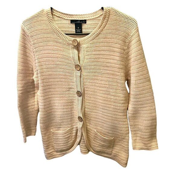 Women's Willi Smith Tan Neutral Open Weave Cardigan Wooden Buttons Size Medium - Picture 1 of 5